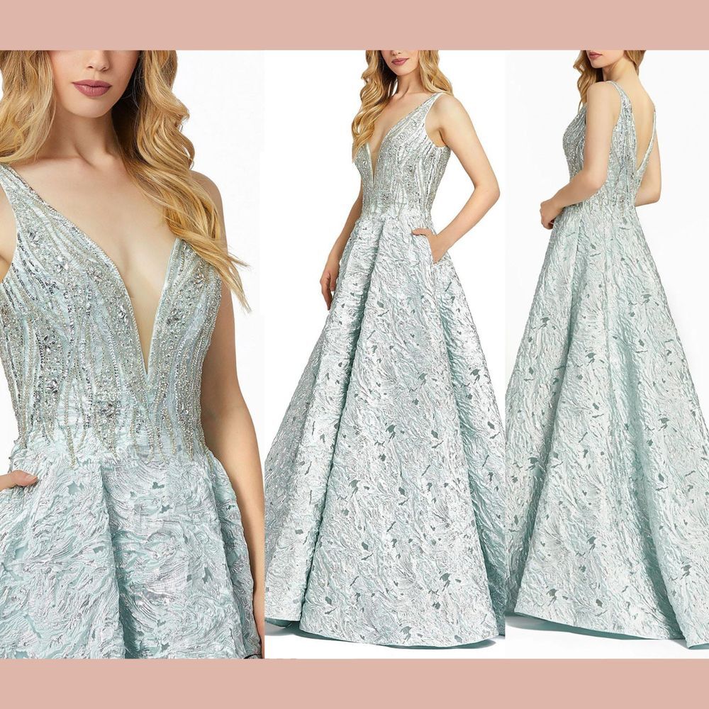 NWT Mac Duggal [ 0 ]‎ 40996 Plunging V Neck Sleeveles Brocade Ballgown Mint